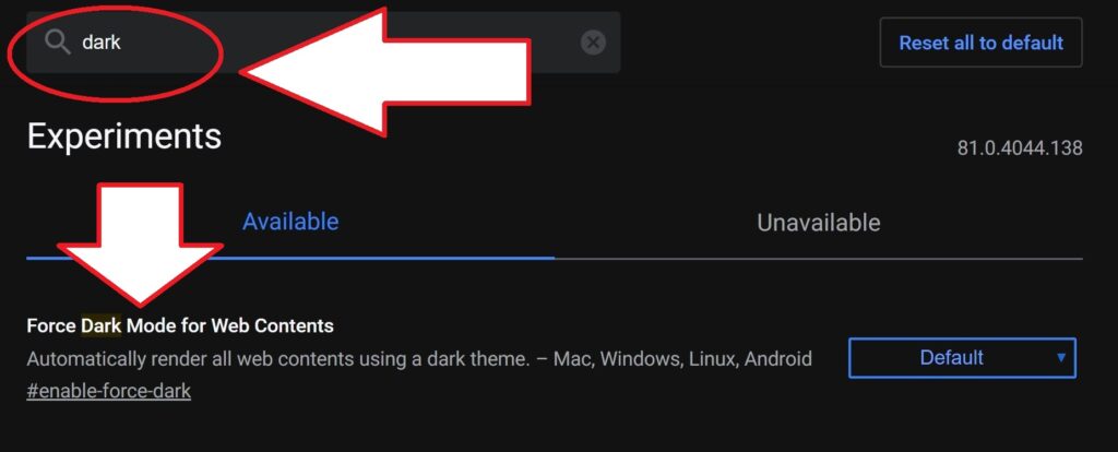 Searching Dark on google chrome flags page