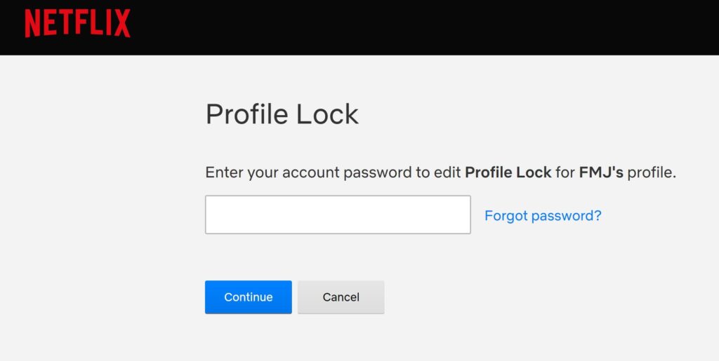 Profile lock page to enter Netflix password